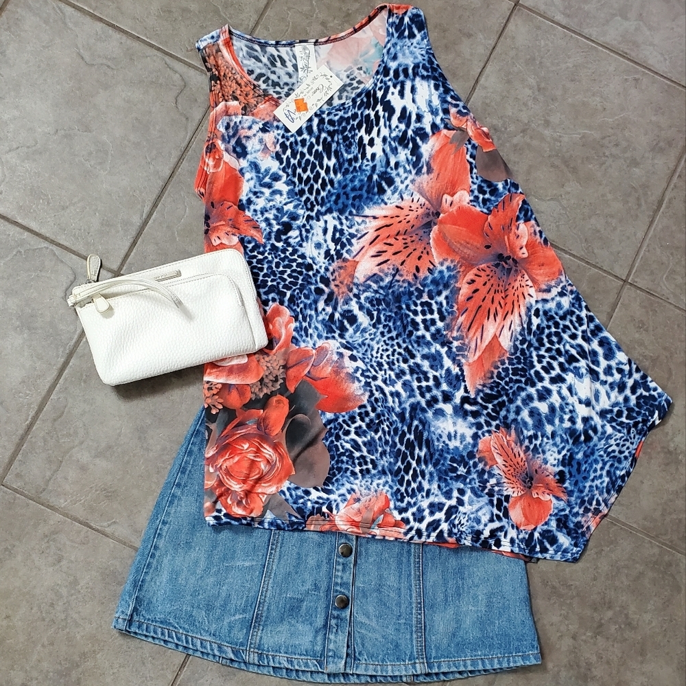 NWT Come n See Sleeveless Swing Asymmetrical Tank Leopard Animal Floral Small